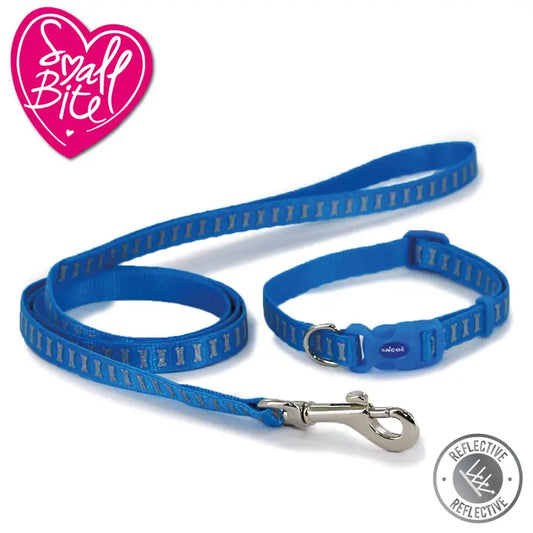 Small Bite Puppy Collar & Lead Set - Bone Blue