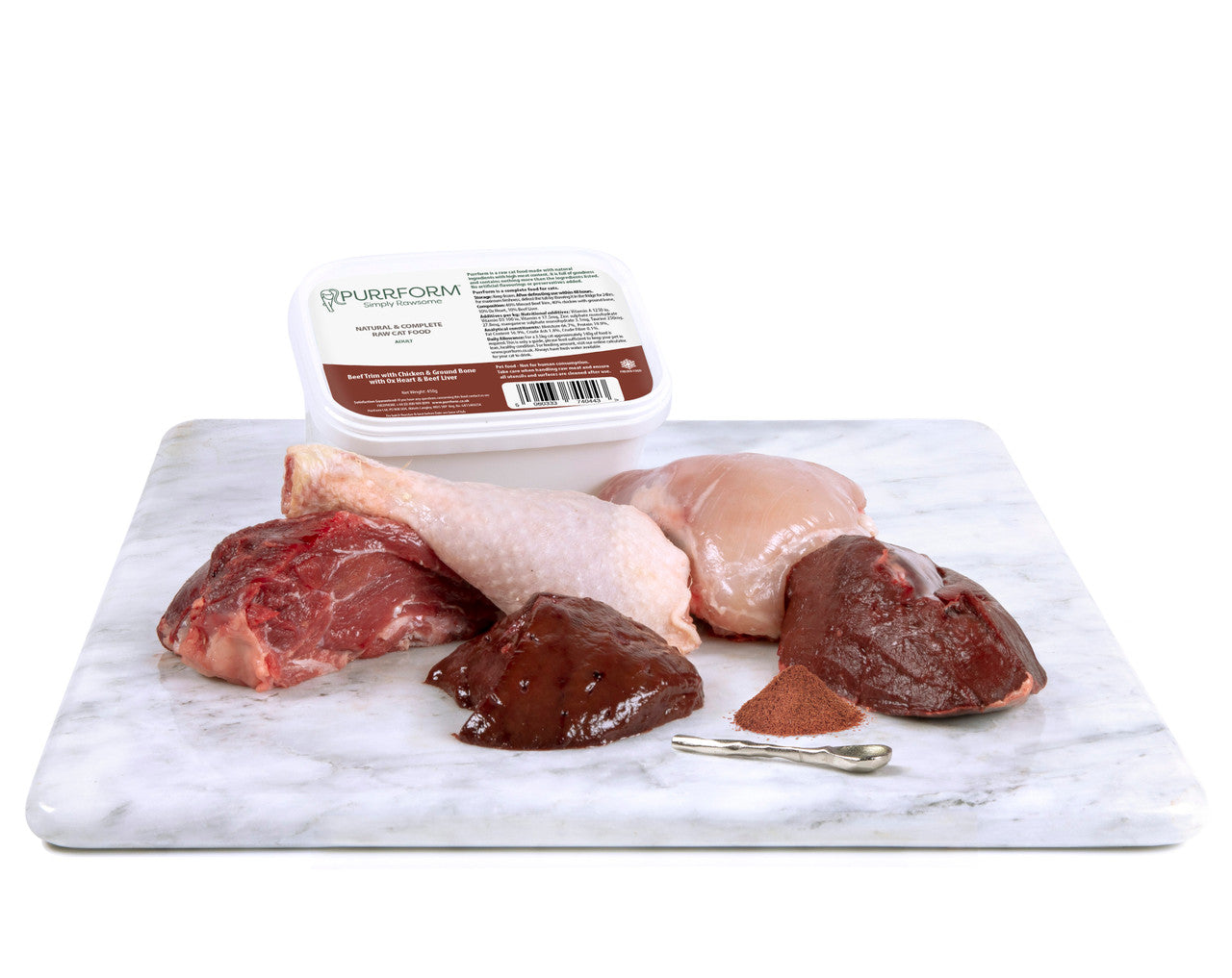 Purrform Beef Trim with Chicken & Ground Bone with Ox Heart & Beef Liver 450g Tub