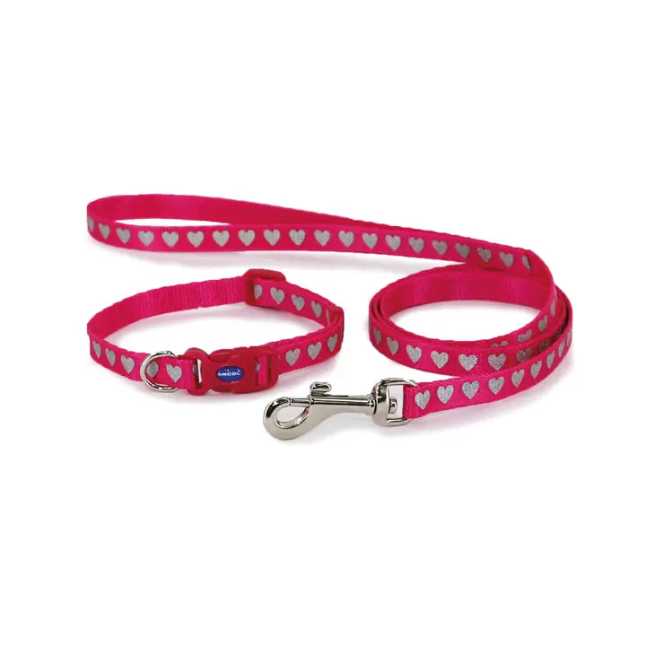 Small Bite Puppy Collar & Lead Set - Heart Pink