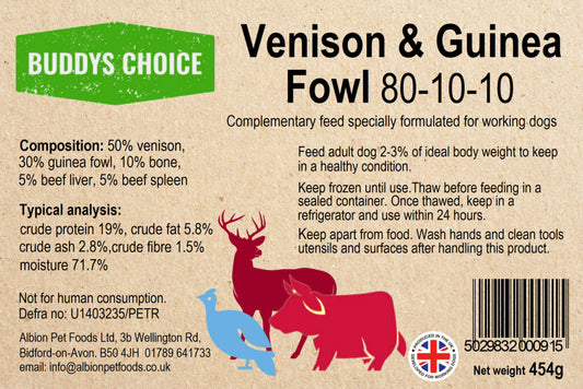 Buddys Choice 80/10/10 454g - Venison & Guinea Fowl